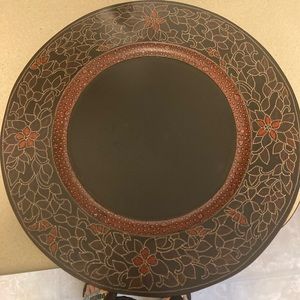 Pier 1 Imports Hand Painted Wood Decorative Charger Plate 13" Black Red Floral.